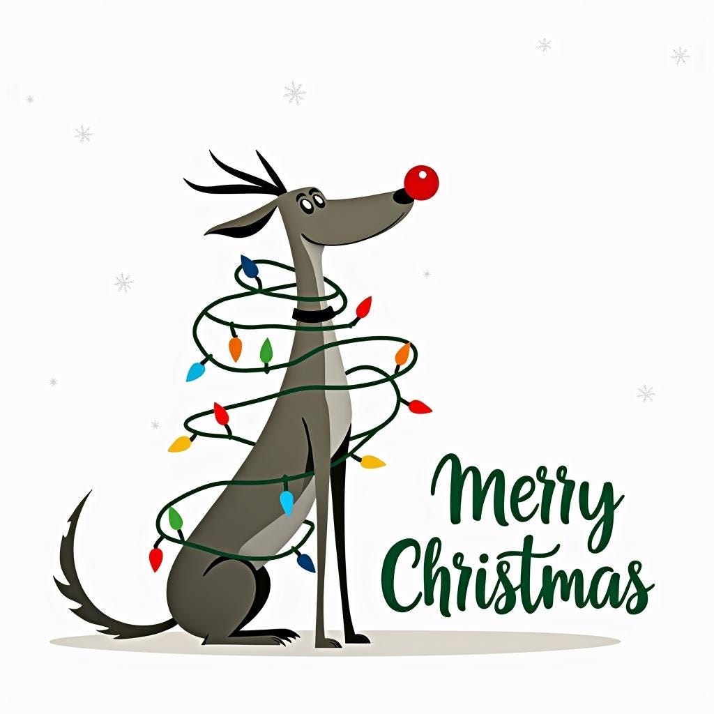 Greyhound Christmas Card – Whimsical Holiday Card for Greyhound Lovers