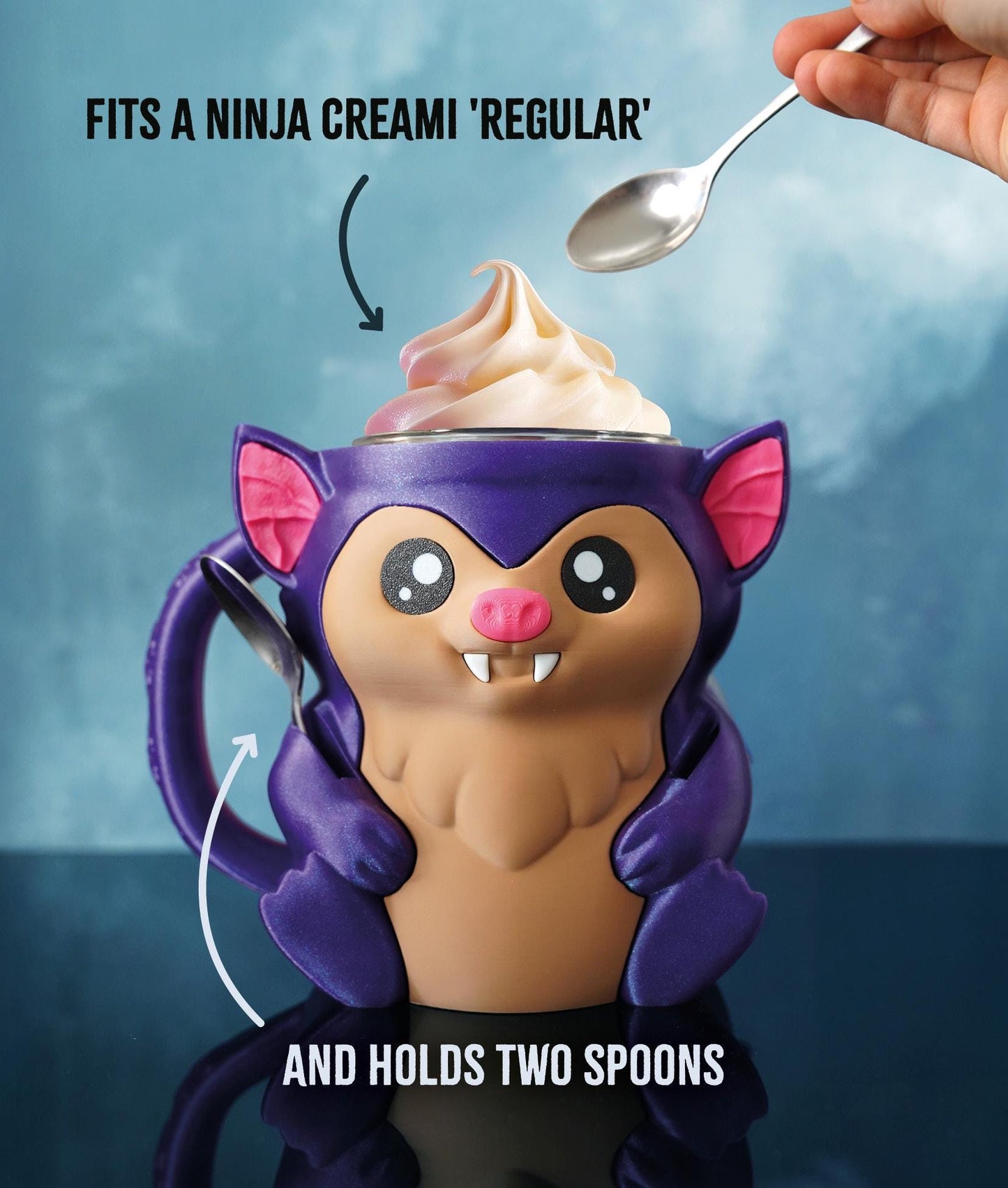 NinjaCreami Bramble the Bat Ice Cream Pint Holder | Eco Friendly 3D Printed Pint Cozy with Spoon Slots | Cute Bat Gift for Ice Cream Lovers