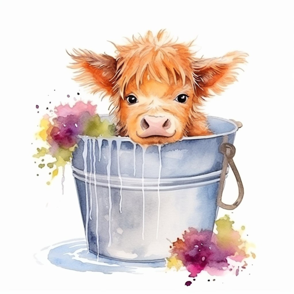 Highland cow in bucket PNG, Cow Watercolor Clipart, Kawaii Cow, Cute Baby Shower Graphics, Nursery Decor Wall Art, Clipart, Farm Animal PNG