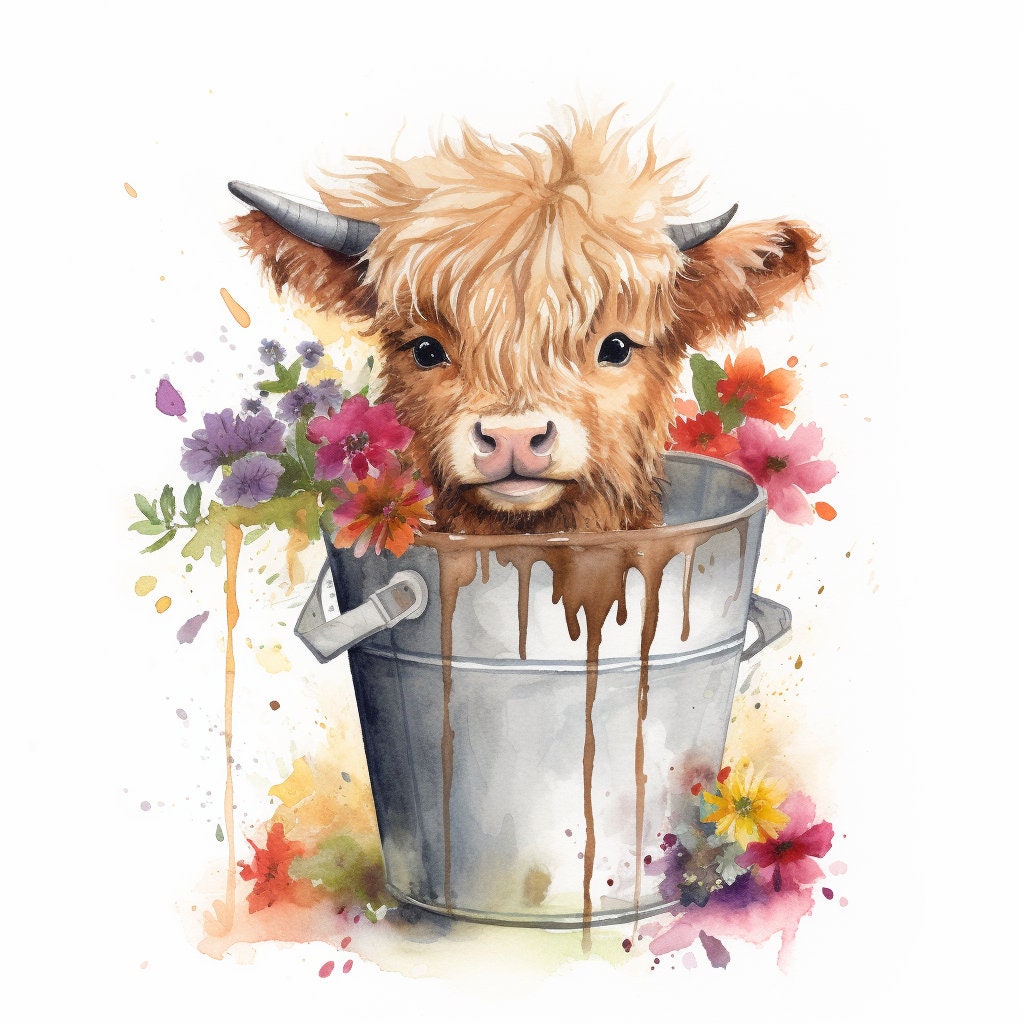 Highland cow in bucket PNG, Cow Watercolor Clipart, Kawaii Cow, Cute Baby Shower Graphics, Nursery Decor Wall Art, Clipart, Farm Animal PNG