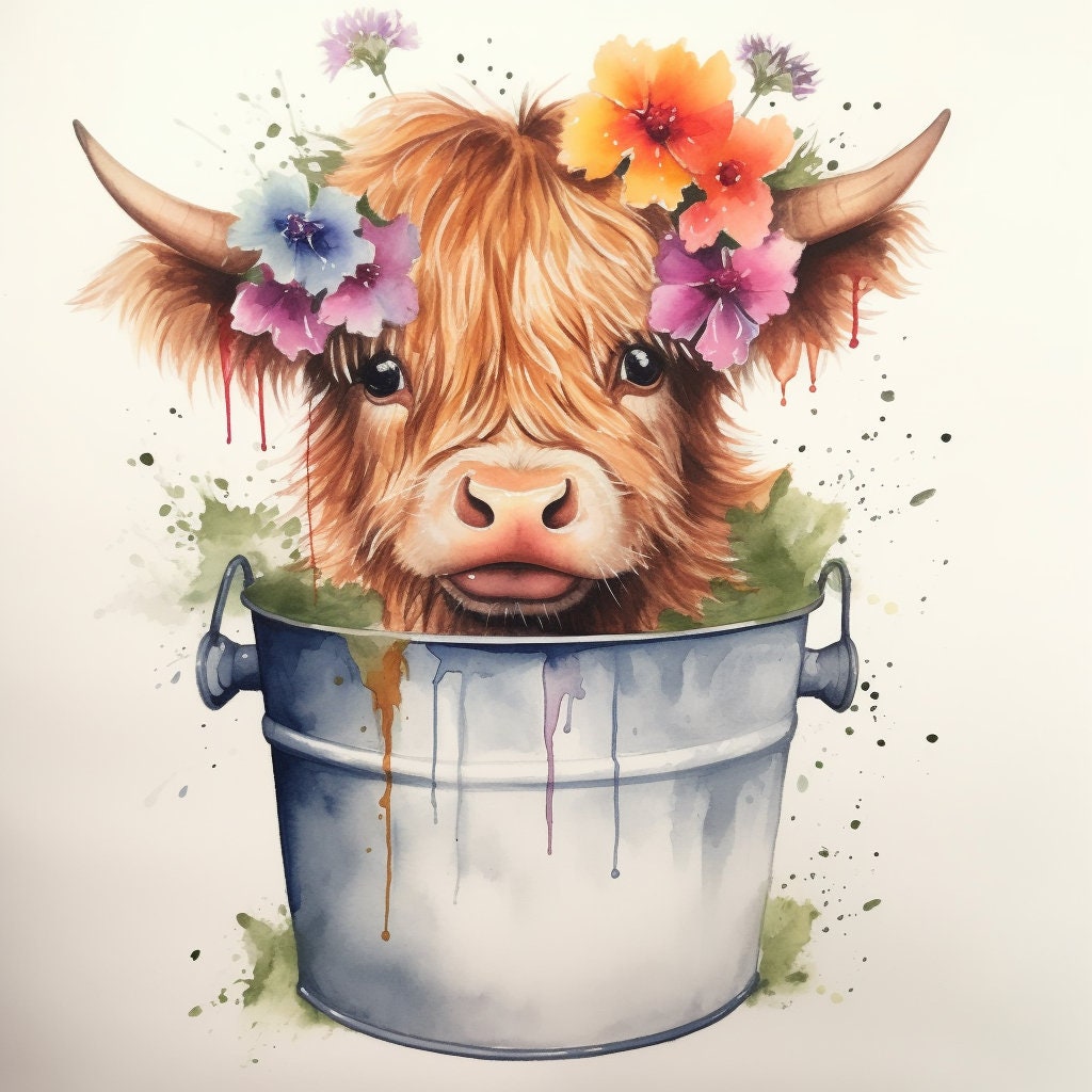 Highland cow in bucket PNG, Cow Watercolor Clipart, Kawaii Cow, Cute Baby Shower Graphics, Nursery Decor Wall Art, Clipart, Farm Animal PNG