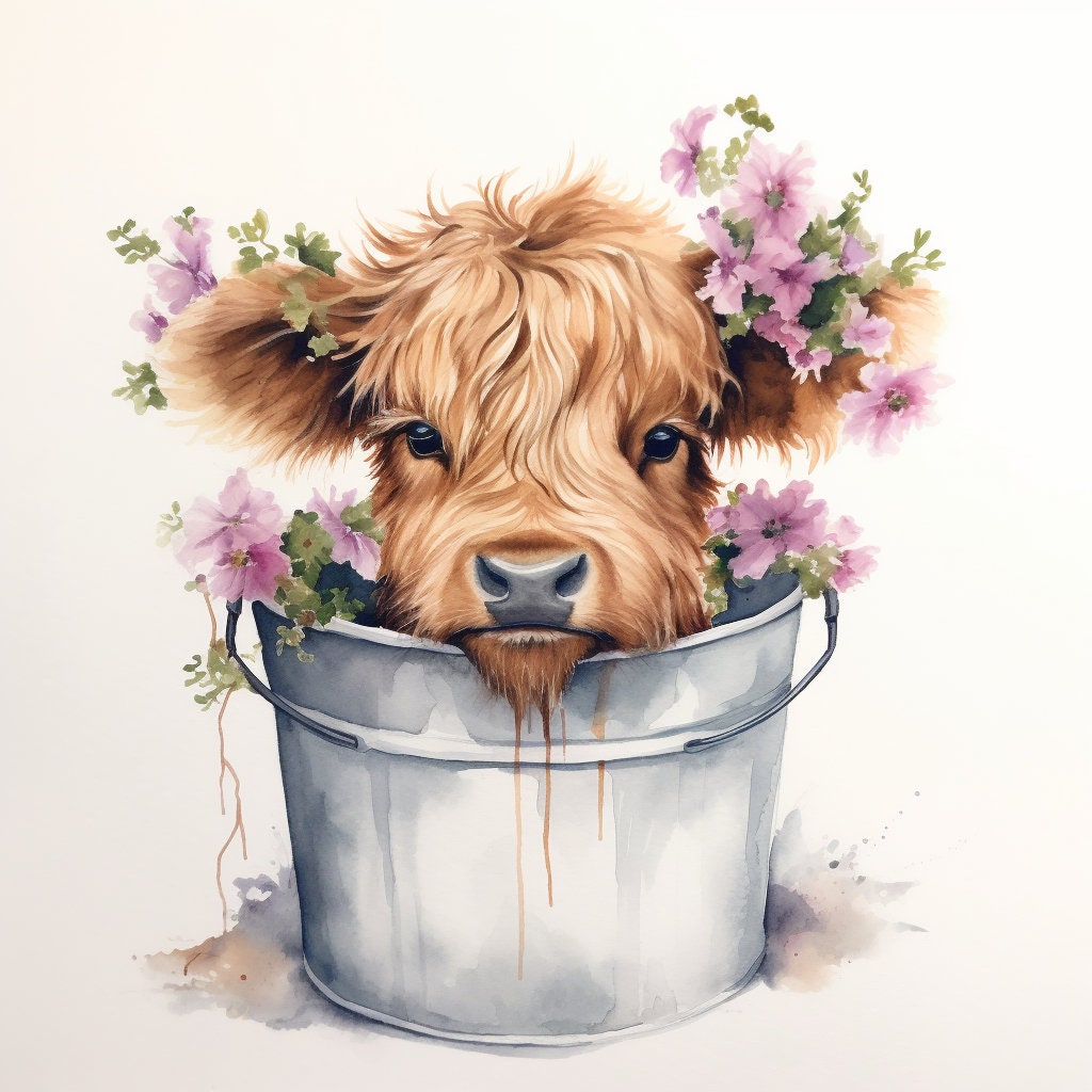 Highland cow in bucket PNG, Cow Watercolor Clipart, Kawaii Cow, Cute Baby Shower Graphics, Nursery Decor Wall Art, Clipart, Farm Animal PNG