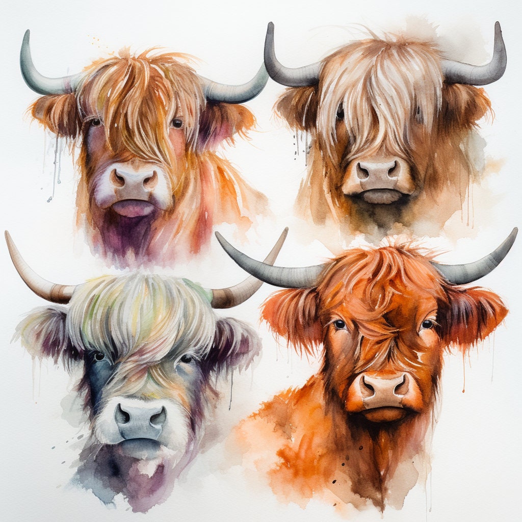 20 Highland Cow Portraits Watercolor Illustration Prints Card Making Craft Book Cover Digital Paper Digital Download