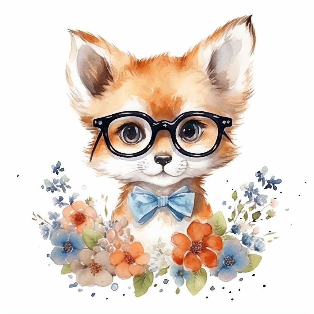 Baby Fox Wearing Glasses PNG, Watercolor Clipart, Cute Baby Shower Graphics, Nursery Decor Wall Art, Clipart, WILD Animal