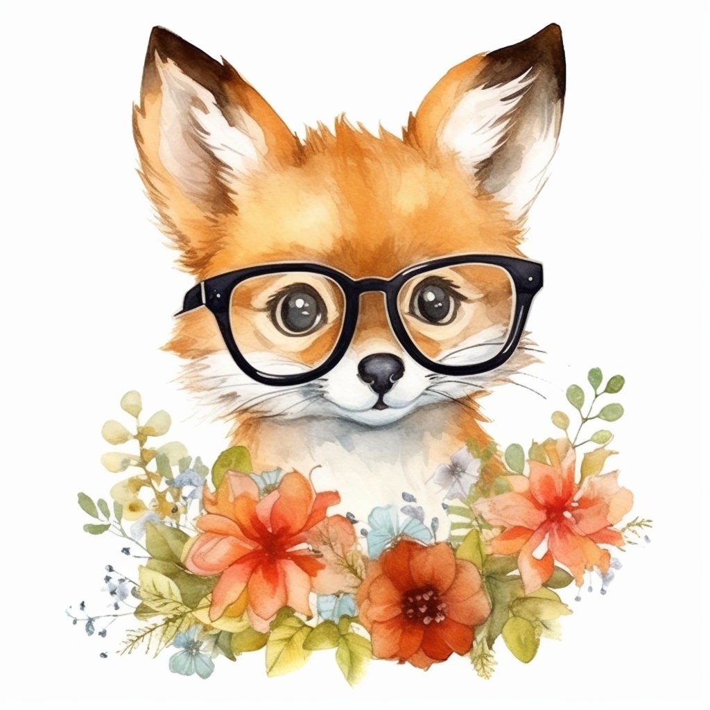 Baby Fox Wearing Glasses PNG, Watercolor Clipart, Cute Baby Shower Graphics, Nursery Decor Wall Art, Clipart, WILD Animal