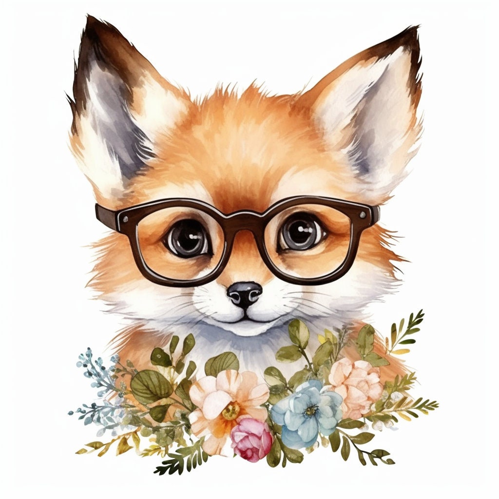 Baby Fox Wearing Glasses PNG, Watercolor Clipart, Cute Baby Shower Graphics, Nursery Decor Wall Art, Clipart, WILD Animal