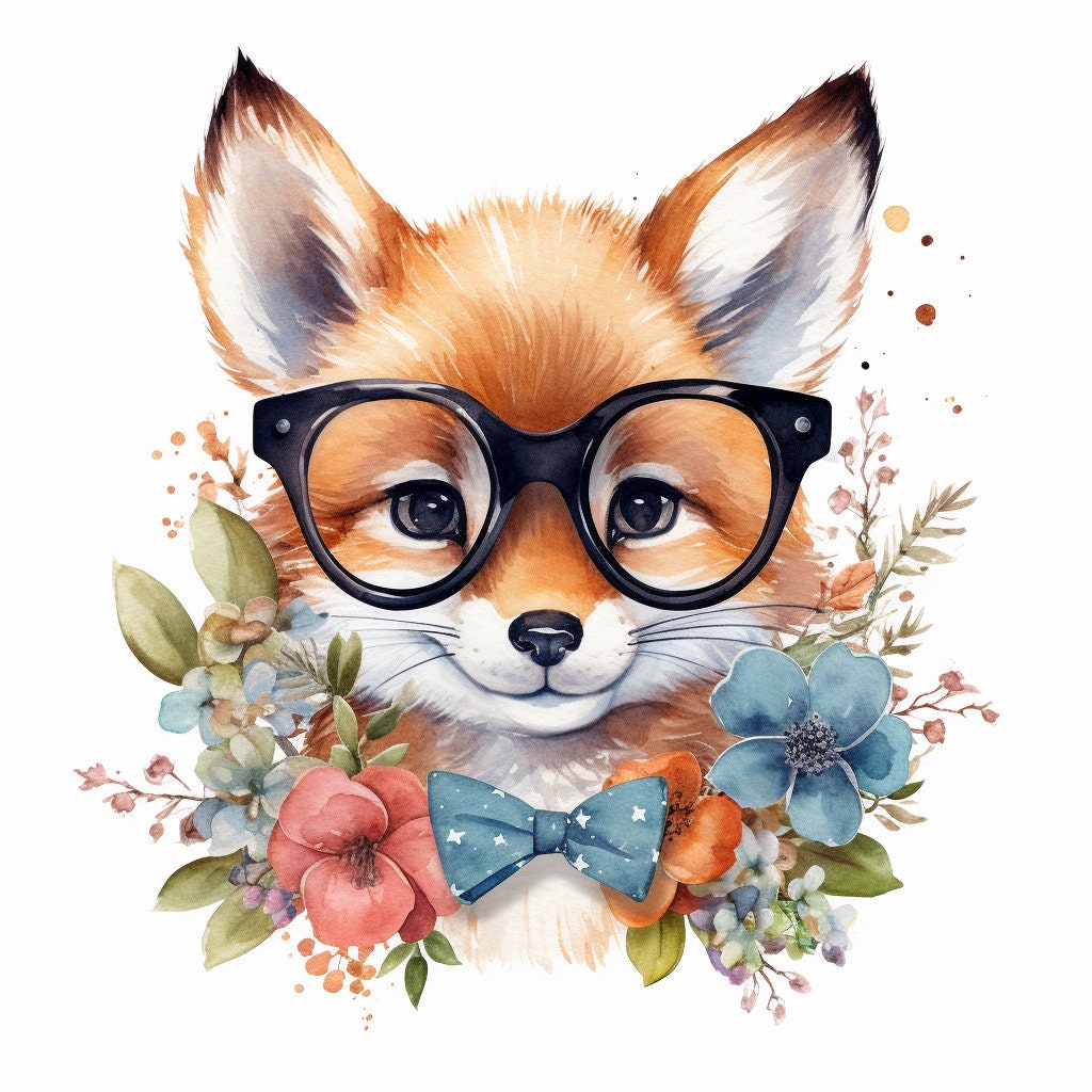 Baby Fox Wearing Glasses PNG, Watercolor Clipart, Cute Baby Shower Graphics, Nursery Decor Wall Art, Clipart, WILD Animal