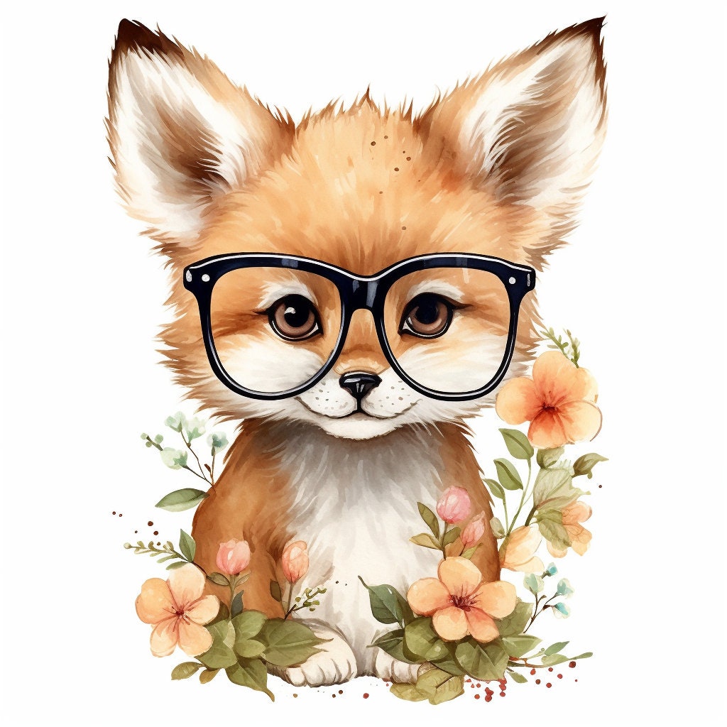 Baby Fox Wearing Glasses PNG, Watercolor Clipart, Cute Baby Shower Graphics, Nursery Decor Wall Art, Clipart, WILD Animal
