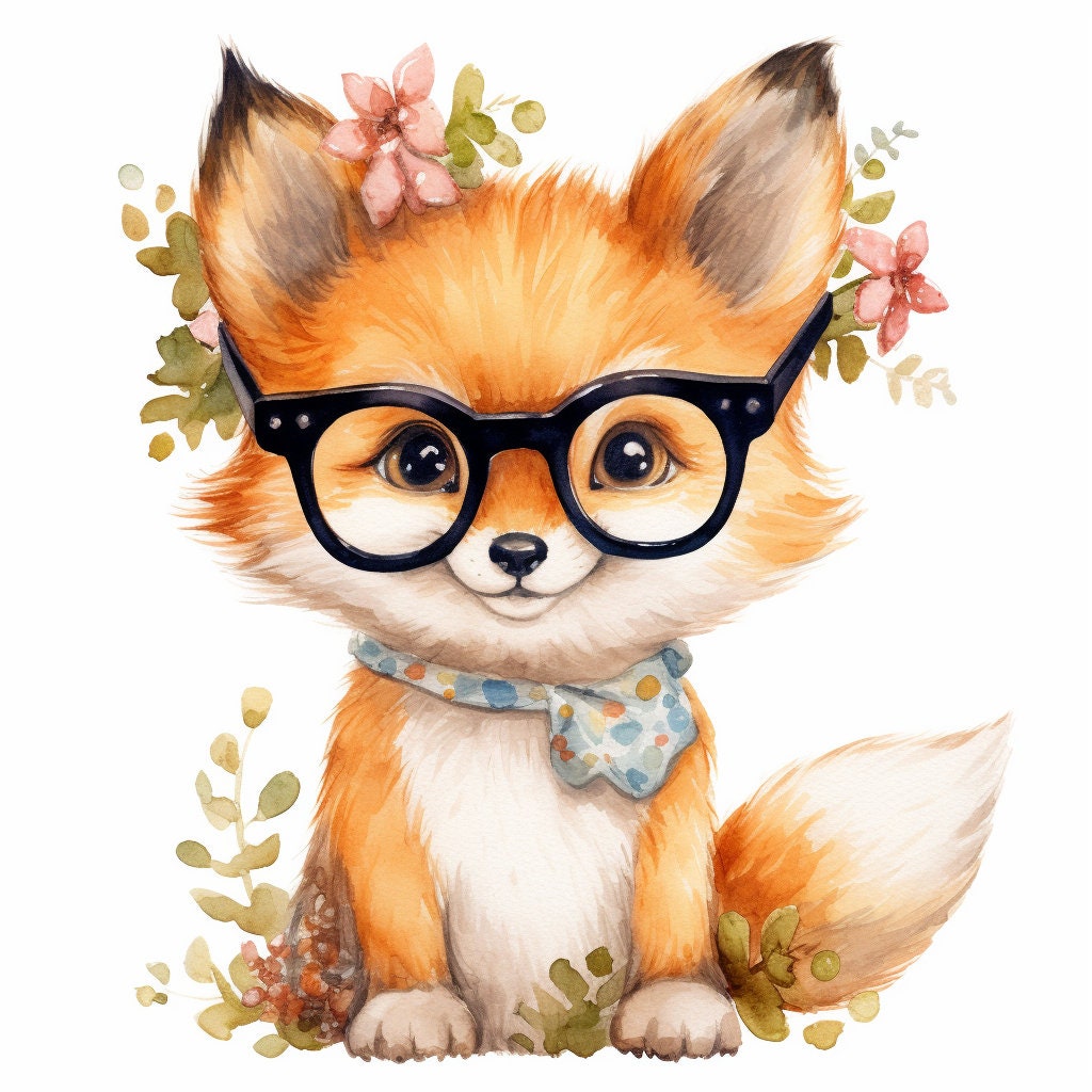 Baby Fox Wearing Glasses PNG, Watercolor Clipart, Cute Baby Shower Graphics, Nursery Decor Wall Art, Clipart, WILD Animal