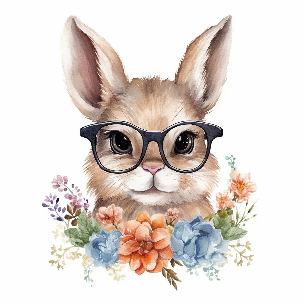Baby Rabbit Wearing Glasses PNG, Watercolor Clipart, Cute Baby Shower Graphics, Nursery Decor Wall Art, Clipart, WILD Animal