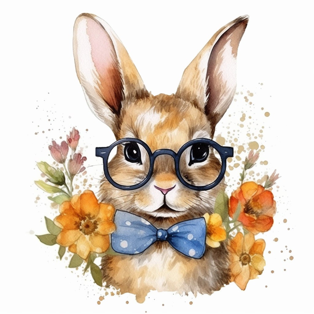 Baby Rabbit Wearing Glasses PNG, Watercolor Clipart, Cute Baby Shower Graphics, Nursery Decor Wall Art, Clipart, WILD Animal