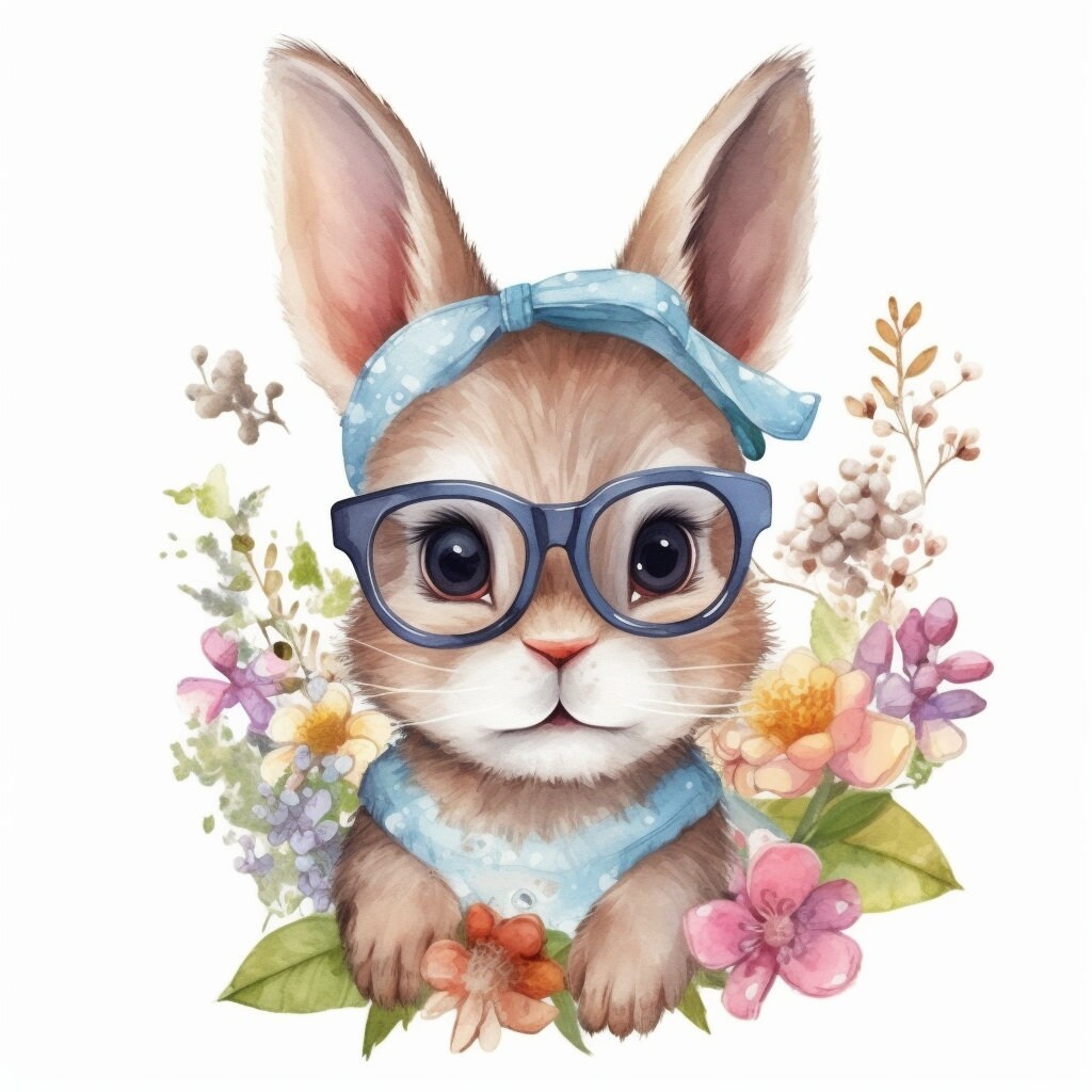 Baby Rabbit Wearing Glasses PNG, Watercolor Clipart, Cute Baby Shower Graphics, Nursery Decor Wall Art, Clipart, WILD Animal