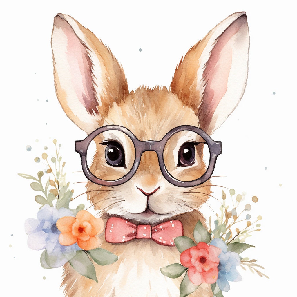 Baby Rabbit Wearing Glasses PNG, Watercolor Clipart, Cute Baby Shower Graphics, Nursery Decor Wall Art, Clipart, WILD Animal
