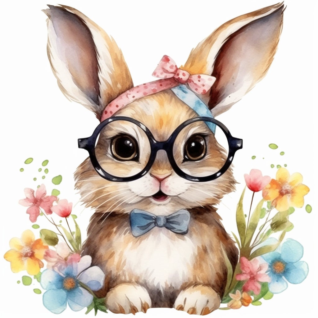 Baby Rabbit Wearing Glasses PNG, Watercolor Clipart, Cute Baby Shower Graphics, Nursery Decor Wall Art, Clipart, WILD Animal
