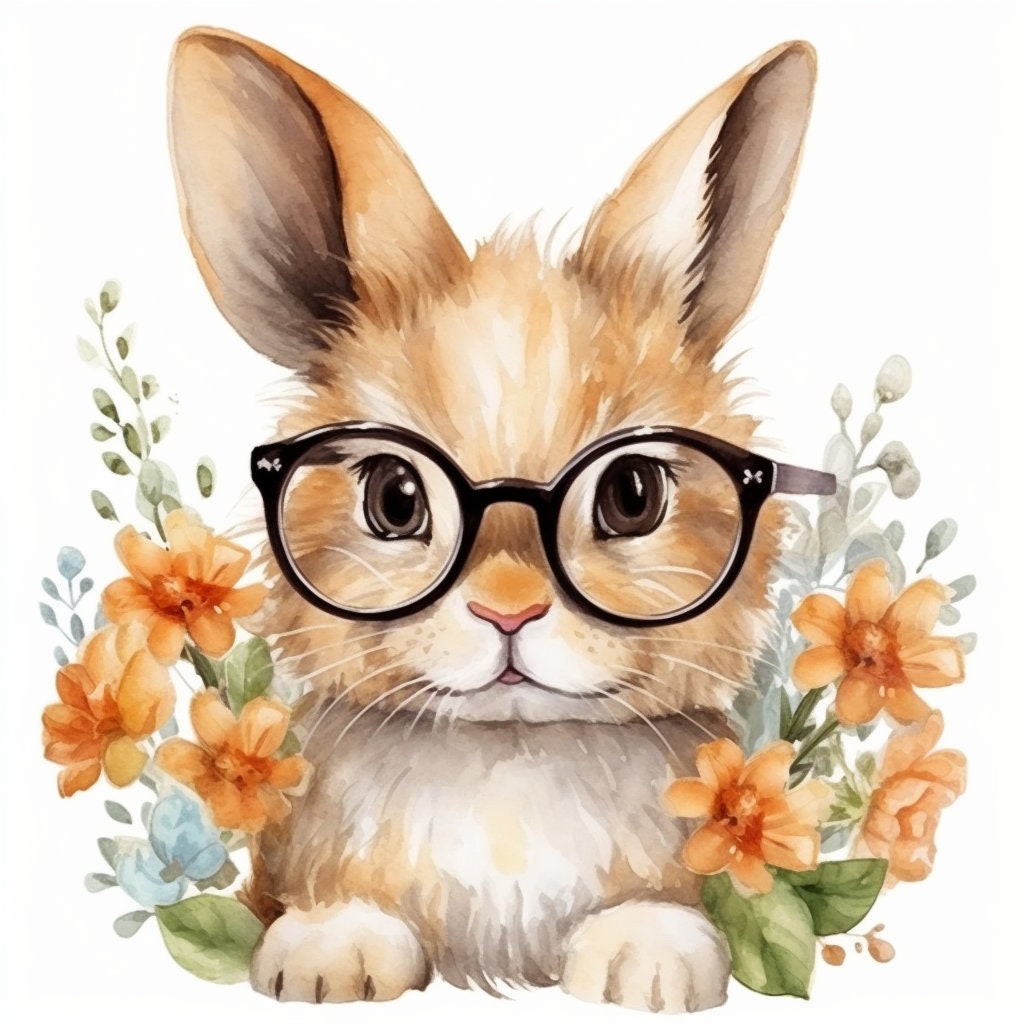 Baby Rabbit Wearing Glasses PNG, Watercolor Clipart, Cute Baby Shower Graphics, Nursery Decor Wall Art, Clipart, WILD Animal