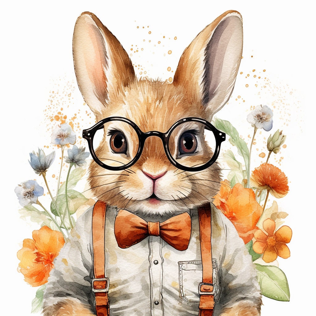 Baby Rabbit Wearing Glasses PNG, Watercolor Clipart, Cute Baby Shower Graphics, Nursery Decor Wall Art, Clipart, WILD Animal