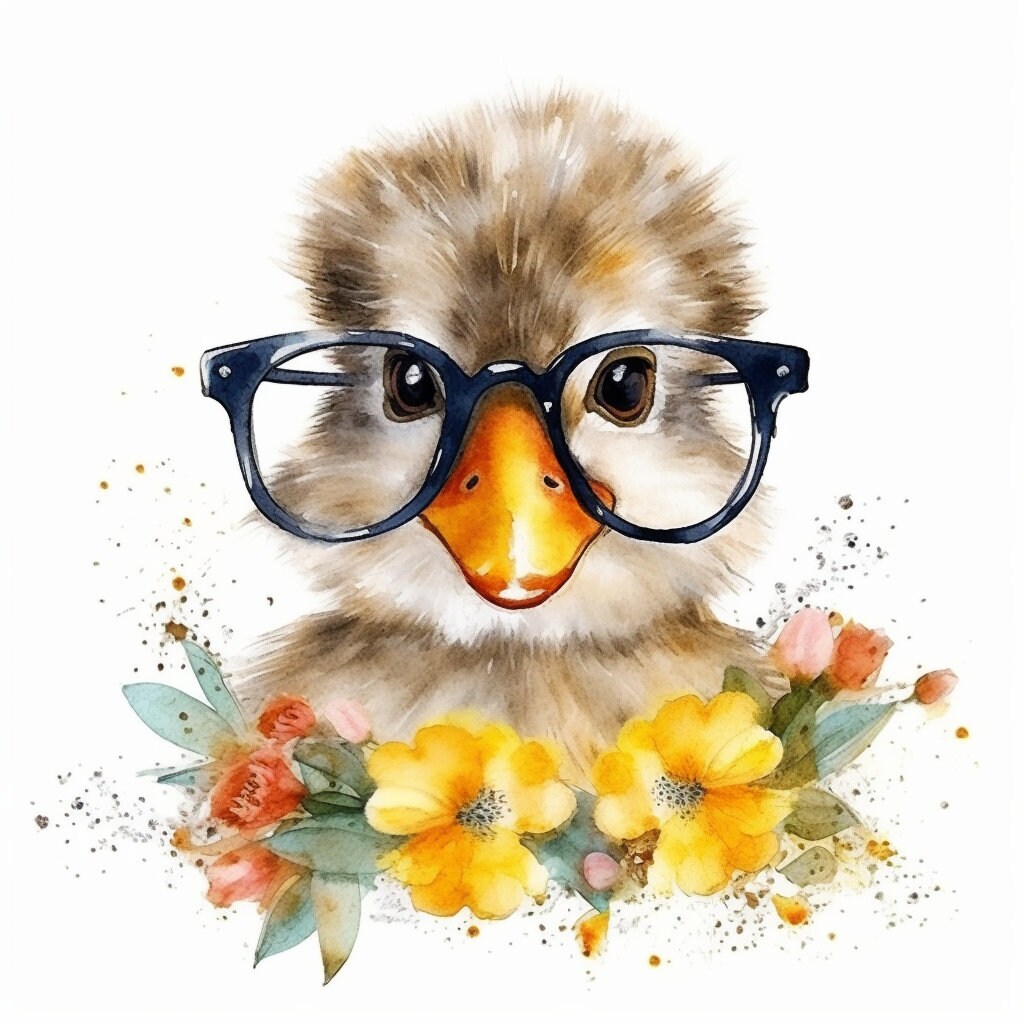 Baby Duck Wearing Glasses PNG, Watercolor Clipart, Cute Baby Shower Graphics, Nursery Decor Wall Art, Clipart, WILD Animal