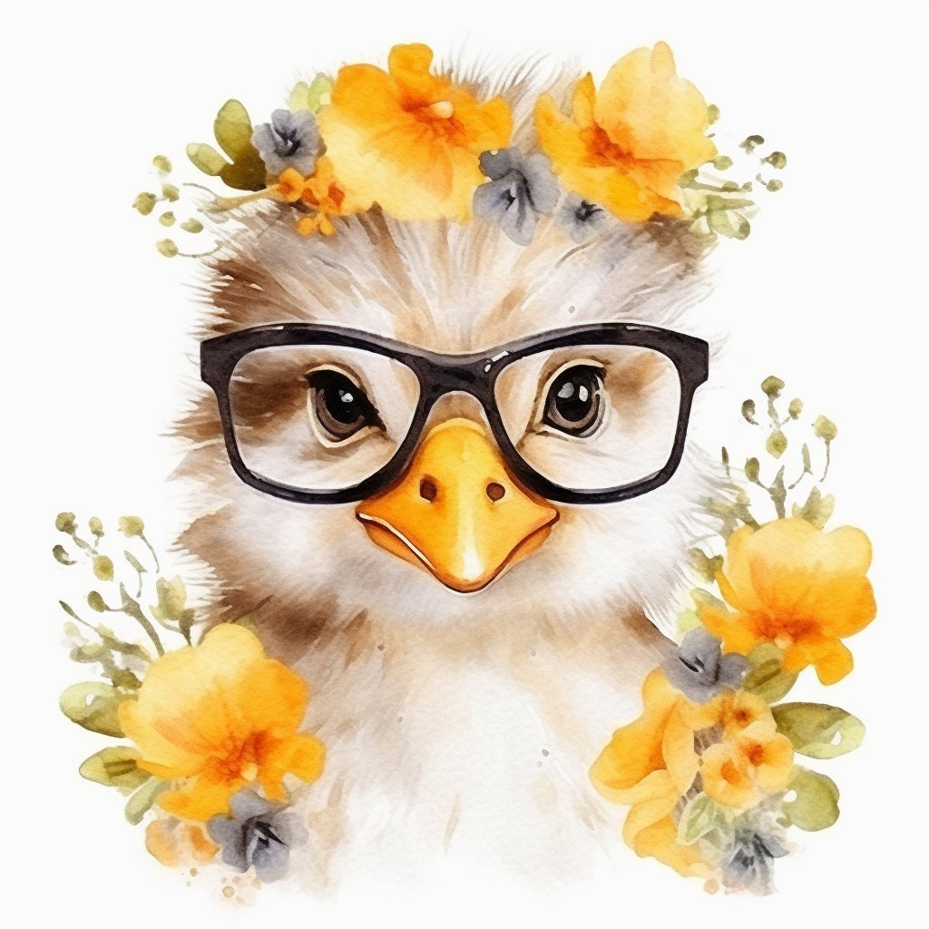 Baby Duck Wearing Glasses PNG, Watercolor Clipart, Cute Baby Shower Graphics, Nursery Decor Wall Art, Clipart, WILD Animal