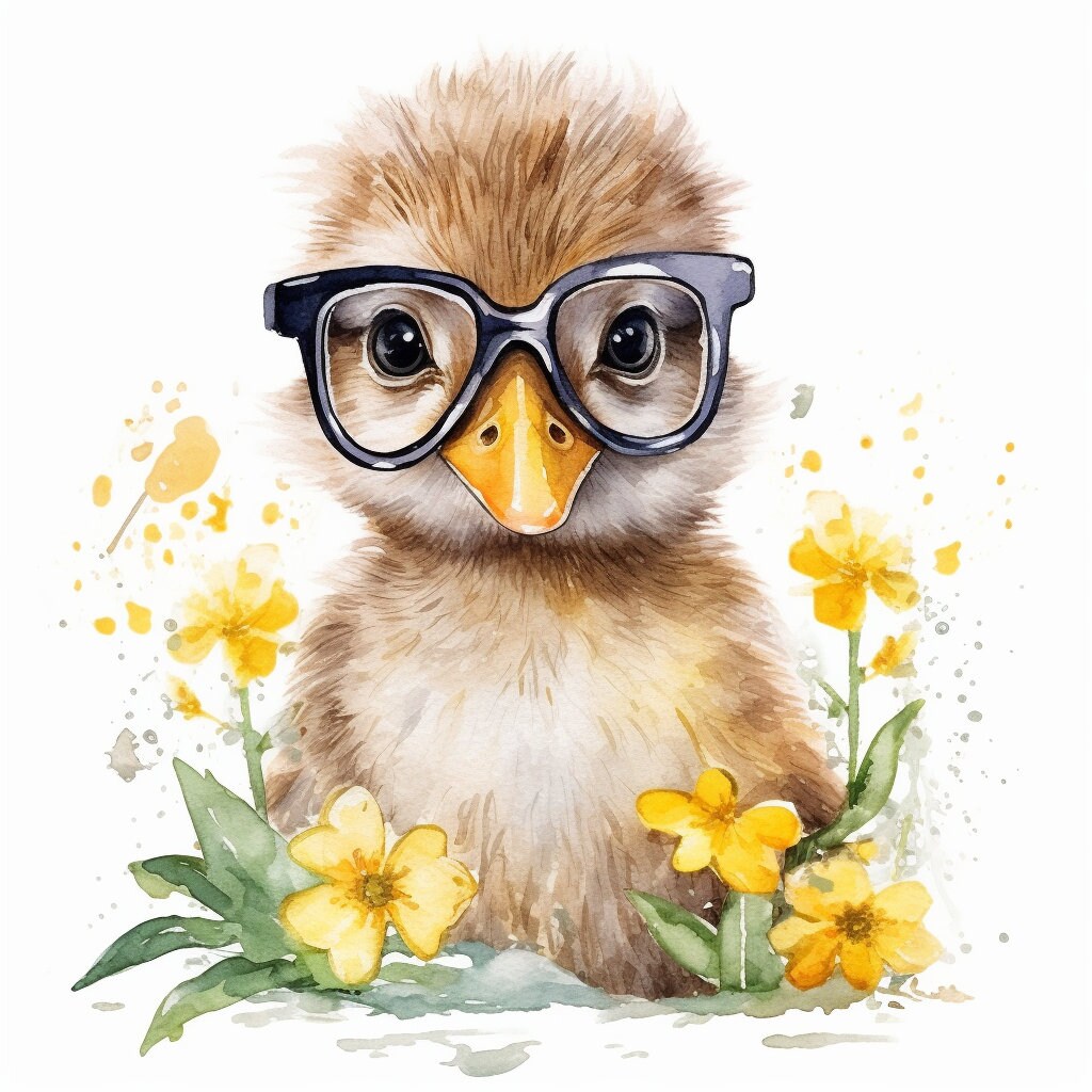 Baby Duck Wearing Glasses PNG, Watercolor Clipart, Cute Baby Shower Graphics, Nursery Decor Wall Art, Clipart, WILD Animal