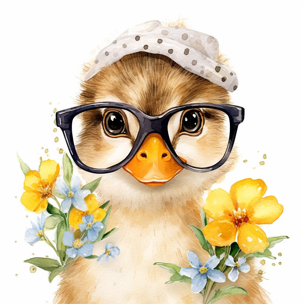 Baby Duck Wearing Glasses PNG, Watercolor Clipart, Cute Baby Shower Graphics, Nursery Decor Wall Art, Clipart, WILD Animal