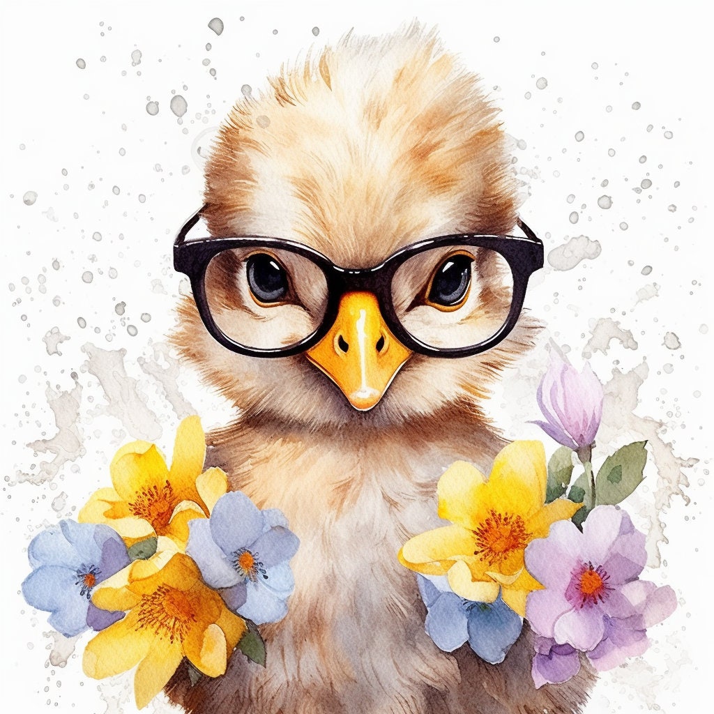 Baby Duck Wearing Glasses PNG, Watercolor Clipart, Cute Baby Shower Graphics, Nursery Decor Wall Art, Clipart, WILD Animal