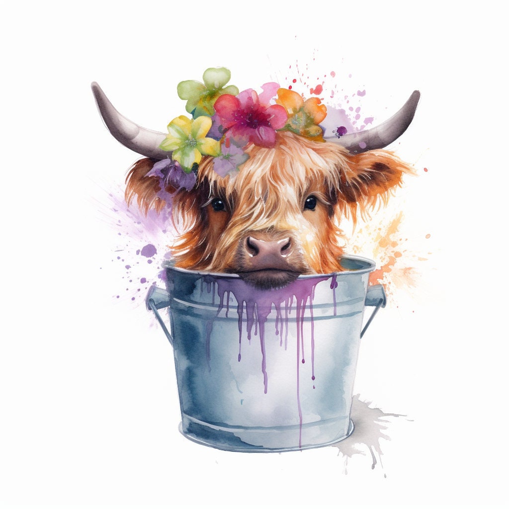 Highland cow in bucket PNG, Cow Watercolor Clipart, Kawaii Cow, Cute Baby Shower Graphics, Nursery Decor Wall Art, Clipart, Farm Animal PNG