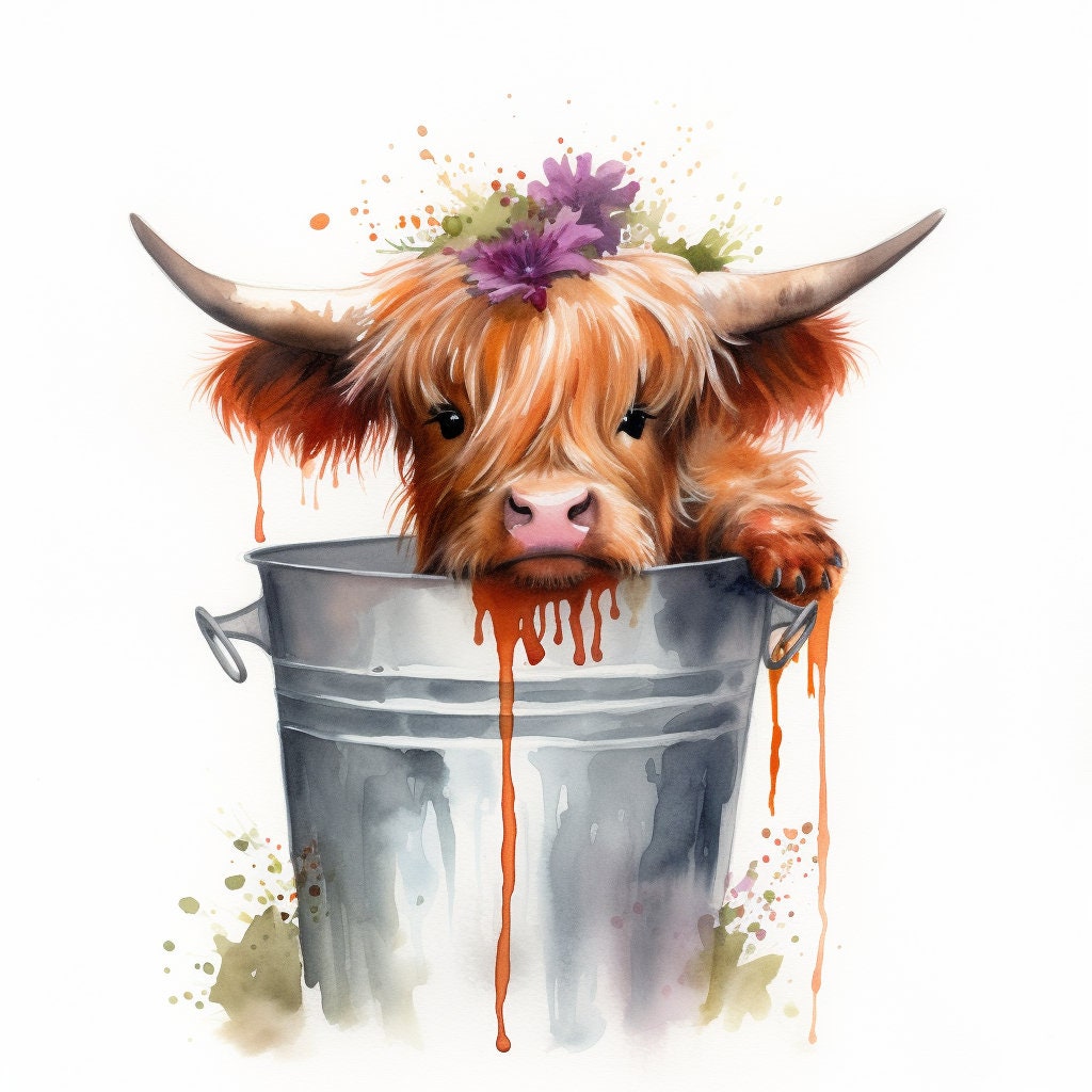 Highland cow in bucket PNG, Cow Watercolor Clipart, Kawaii Cow, Cute Baby Shower Graphics, Nursery Decor Wall Art, Clipart, Farm Animal PNG