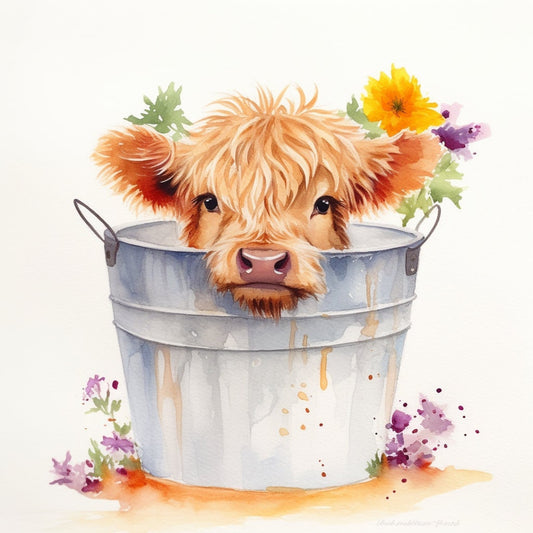 Highland cow in bucket PNG, Cow Watercolor Clipart, Kawaii Cow, Cute Baby Shower Graphics, Nursery Decor Wall Art, Clipart, Farm Animal PNG