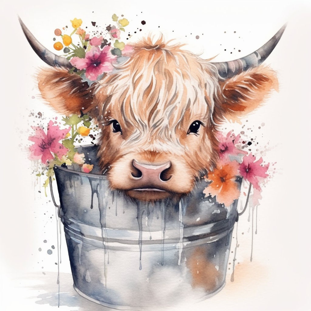 Highland cow in bucket PNG, Cow Watercolor Clipart, Kawaii Cow, Cute Baby Shower Graphics, Nursery Decor Wall Art, Clipart, Farm Animal PNG