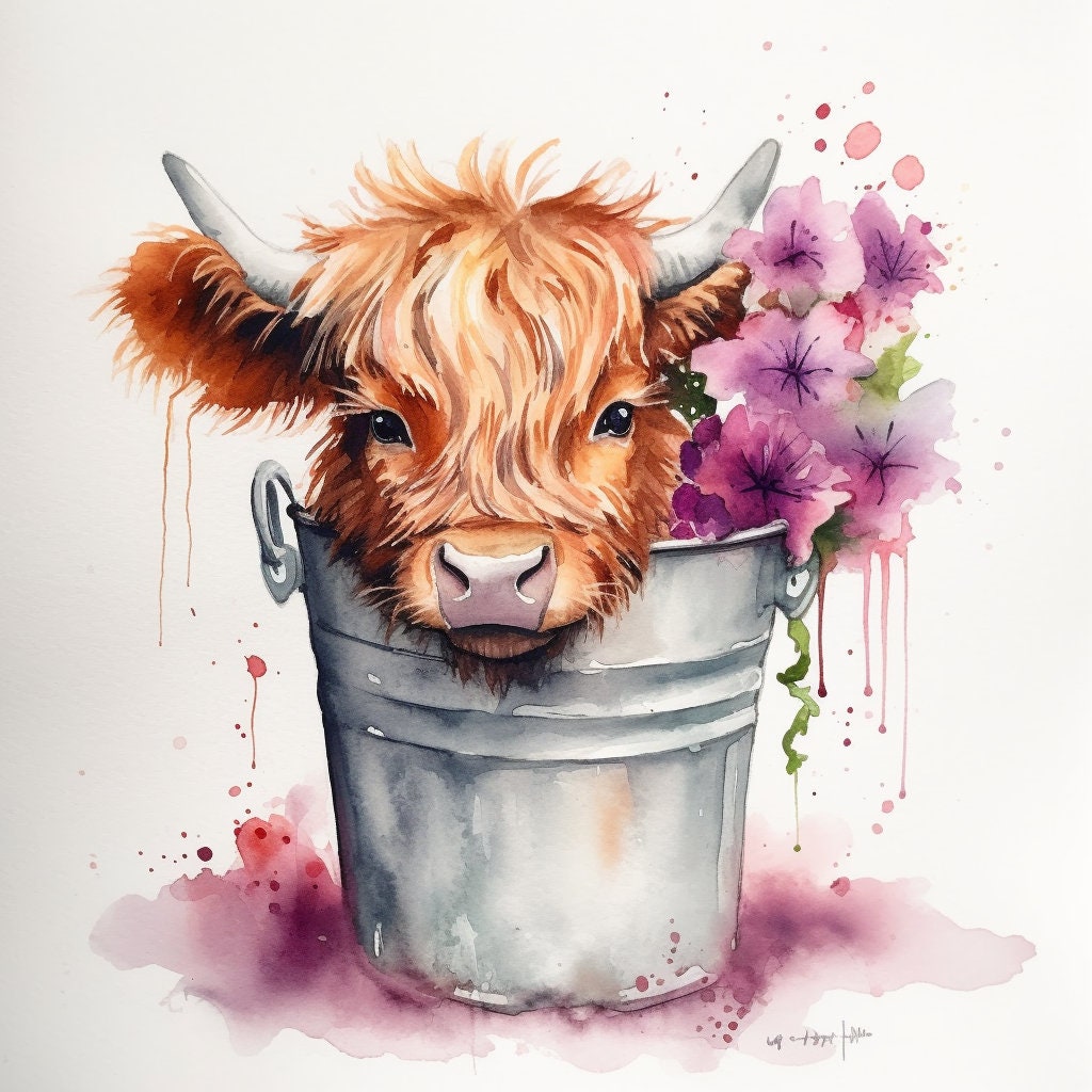 Highland cow in bucket PNG, Cow Watercolor Clipart, Kawaii Cow, Cute Baby Shower Graphics, Nursery Decor Wall Art, Clipart, Farm Animal PNG