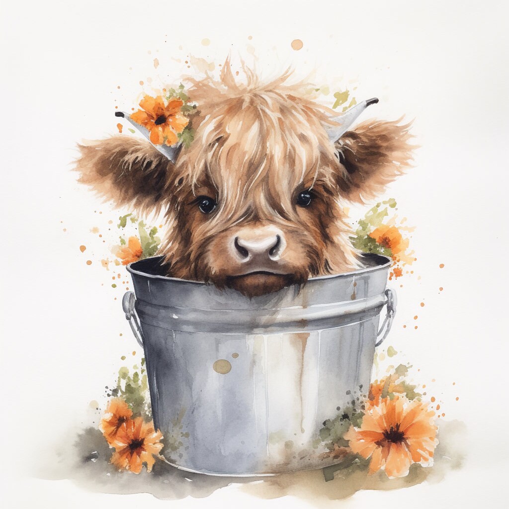 Highland cow in bucket PNG, Cow Watercolor Clipart, Kawaii Cow, Cute Baby Shower Graphics, Nursery Decor Wall Art, Clipart, Farm Animal PNG