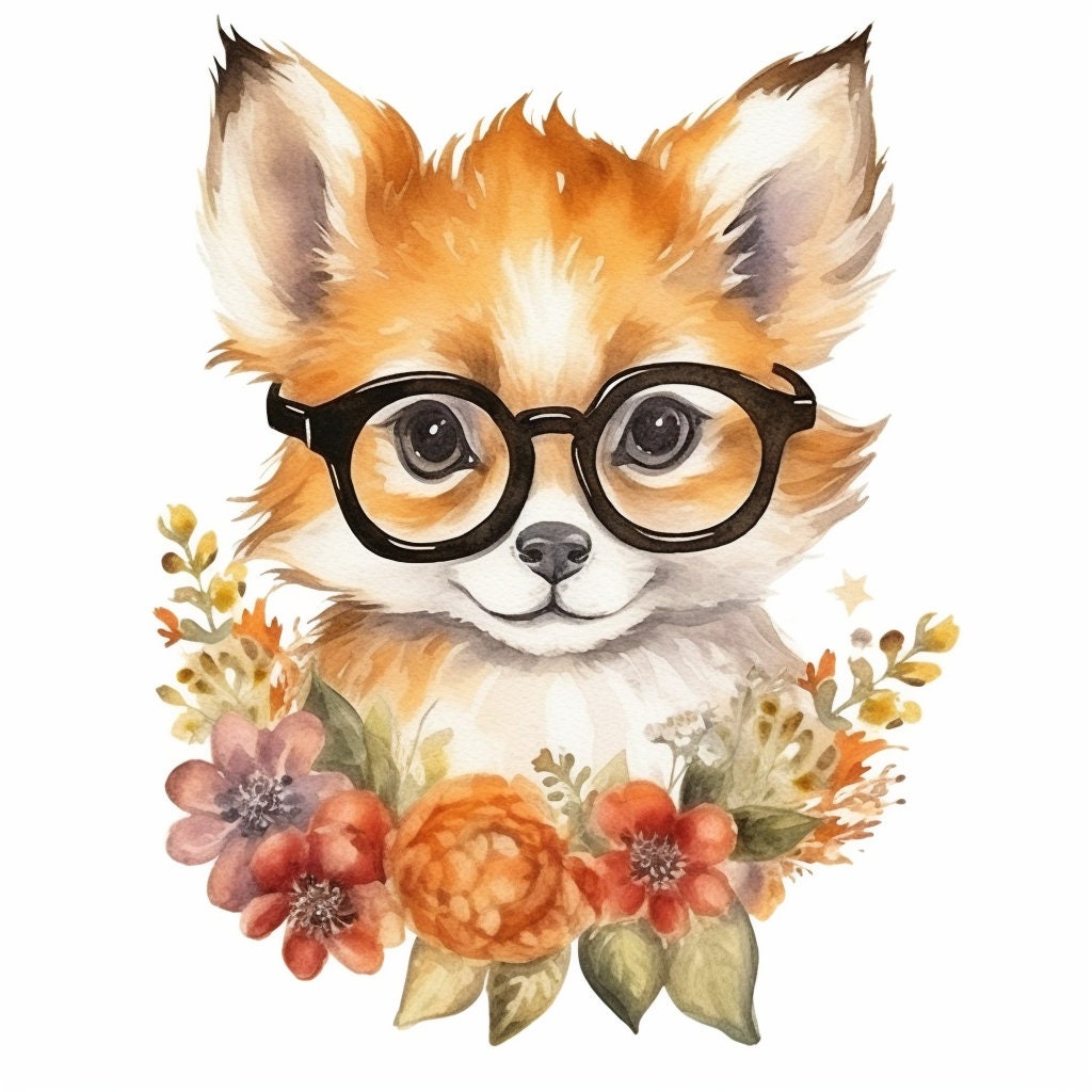 Baby Fox Wearing Glasses PNG, Watercolor Clipart, Cute Baby Shower Graphics, Nursery Decor Wall Art, Clipart, WILD Animal
