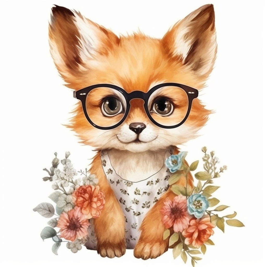 Baby Fox Wearing Glasses PNG, Watercolor Clipart, Cute Baby Shower Graphics, Nursery Decor Wall Art, Clipart, WILD Animal