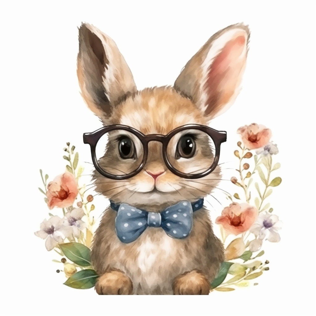 Baby Rabbit Wearing Glasses PNG, Watercolor Clipart, Cute Baby Shower Graphics, Nursery Decor Wall Art, Clipart, WILD Animal