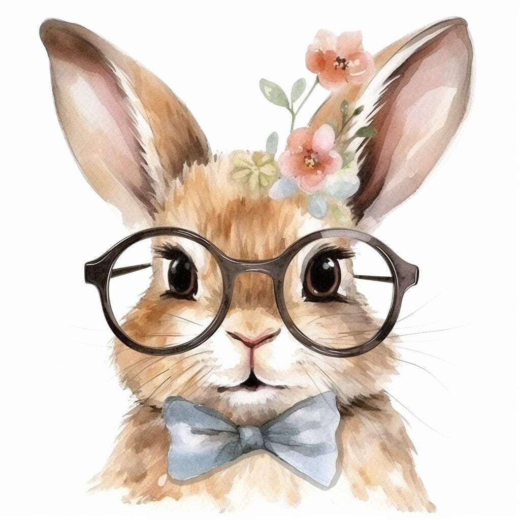 Baby Rabbit Wearing Glasses PNG, Watercolor Clipart, Cute Baby Shower Graphics, Nursery Decor Wall Art, Clipart, WILD Animal