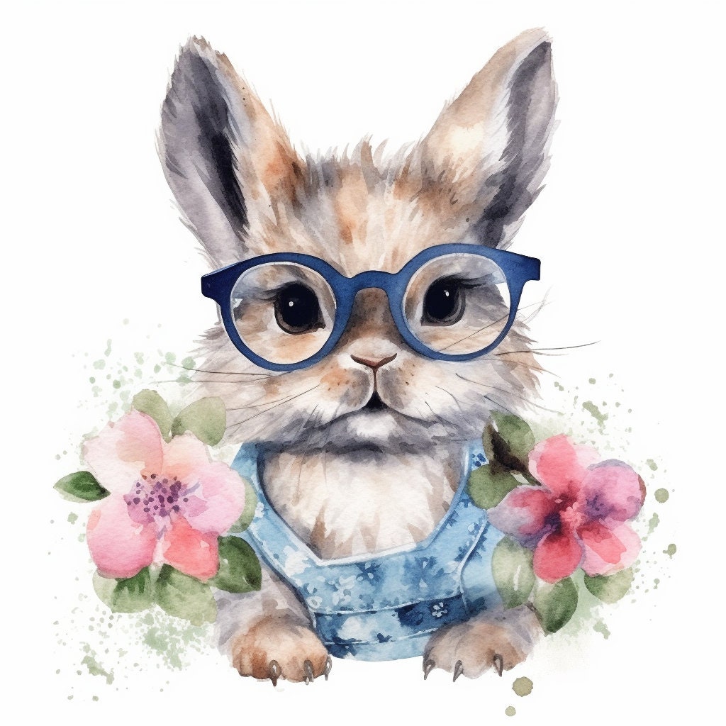 Baby Rabbit Wearing Glasses PNG, Watercolor Clipart, Cute Baby Shower Graphics, Nursery Decor Wall Art, Clipart, WILD Animal