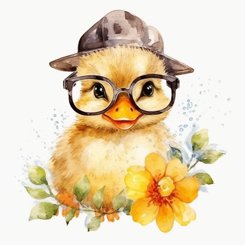 Baby Duck Wearing Glasses PNG, Watercolor Clipart, Cute Baby Shower Graphics, Nursery Decor Wall Art, Clipart, WILD Animal
