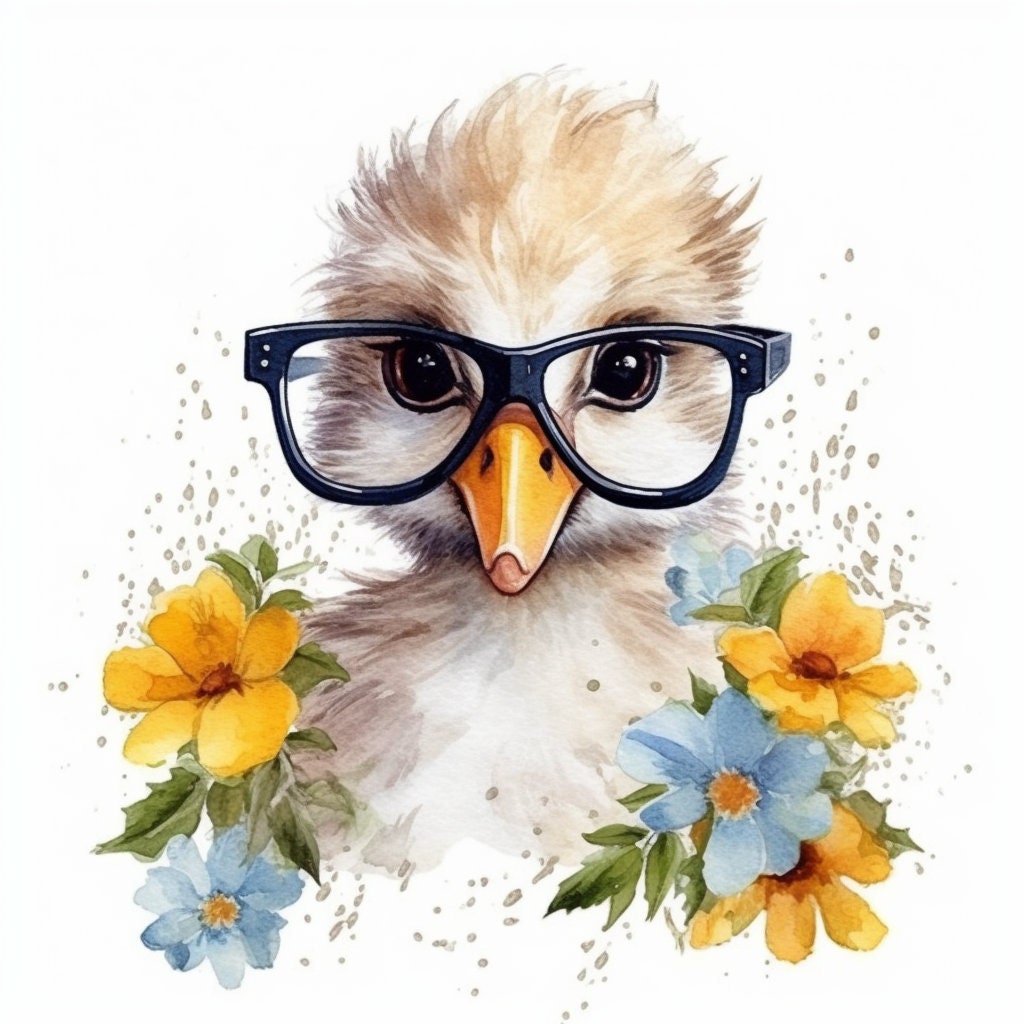 Baby Duck Wearing Glasses PNG, Watercolor Clipart, Cute Baby Shower Graphics, Nursery Decor Wall Art, Clipart, WILD Animal