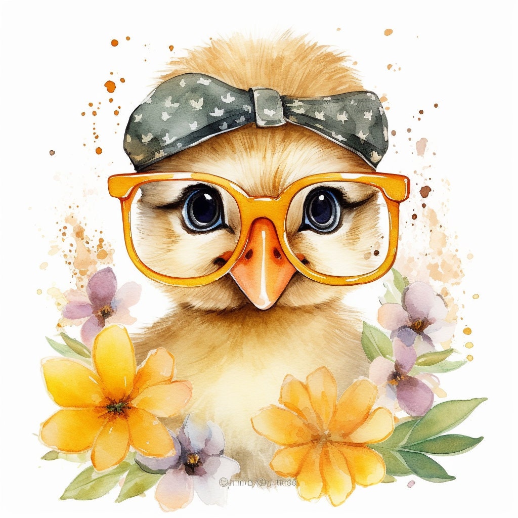 Baby Duck Wearing Glasses PNG, Watercolor Clipart, Cute Baby Shower Graphics, Nursery Decor Wall Art, Clipart, WILD Animal