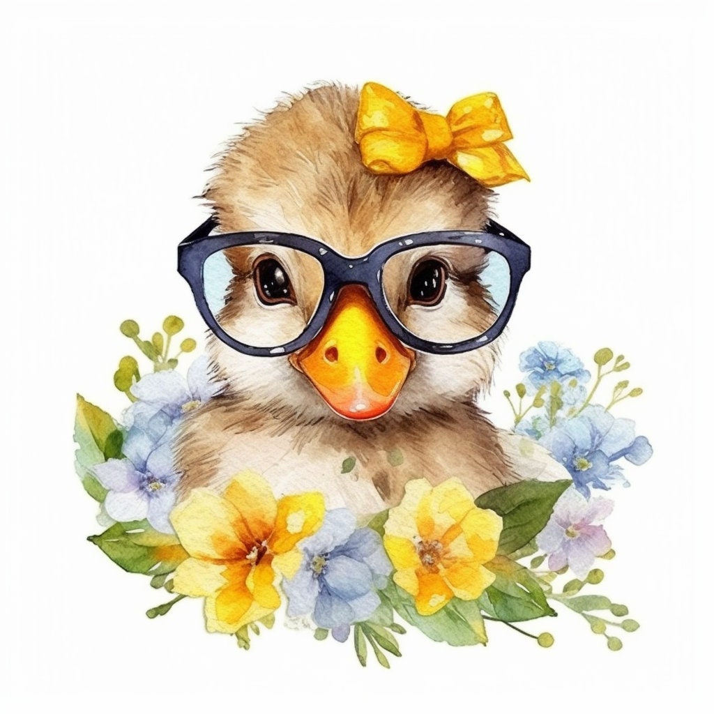 Baby Duck Wearing Glasses PNG, Watercolor Clipart, Cute Baby Shower Graphics, Nursery Decor Wall Art, Clipart, WILD Animal