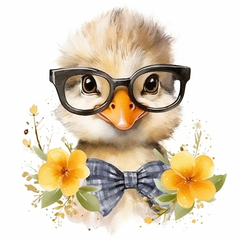 Baby Duck Wearing Glasses PNG, Watercolor Clipart, Cute Baby Shower Graphics, Nursery Decor Wall Art, Clipart, WILD Animal