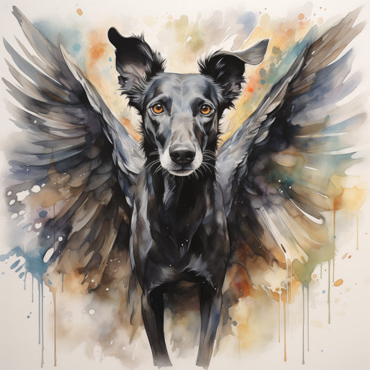 Elevate Your Space with the Graceful Elegance of Our Black Greyhound with Wings Watercolor Print!