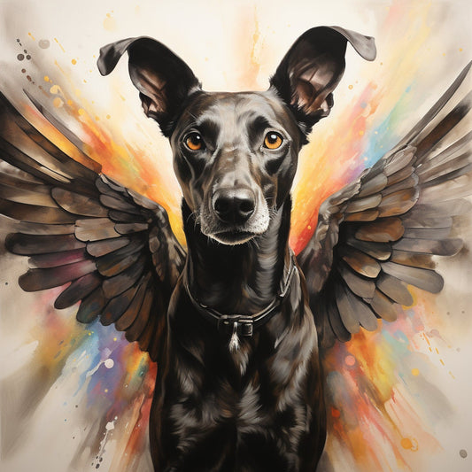 Elevate Your Space with the Graceful Elegance of Our Black Greyhound with Wings Watercolor Print!