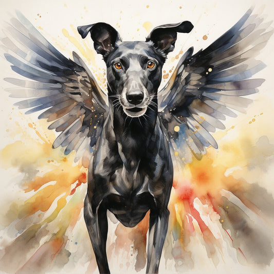 Elevate Your Space with the Graceful Elegance of Our Black Greyhound with Wings Watercolor Print!