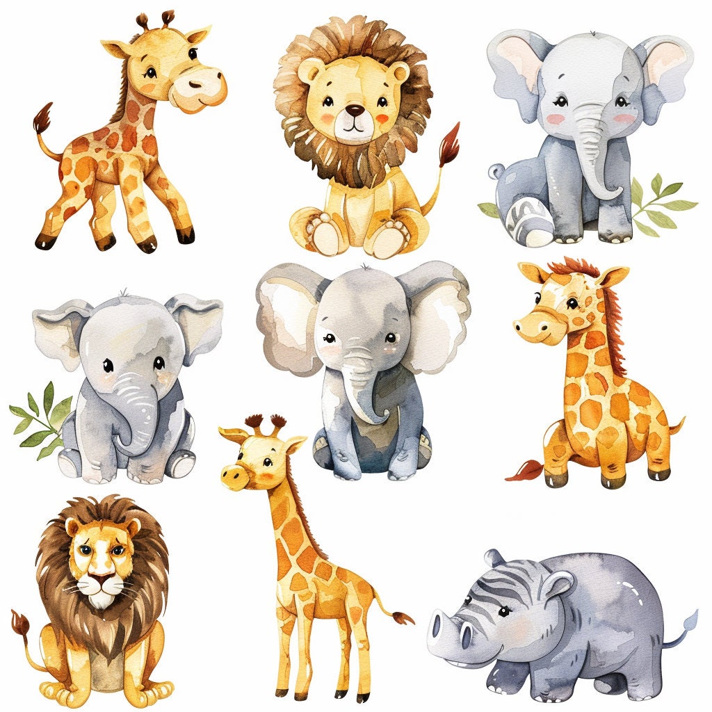Safari Animals Clipart Watercolor, Clipart for commercial use, Transparent PNGs, Nursery Clipart, Giraffe, Elephant, Lion, Zebra, Hippo