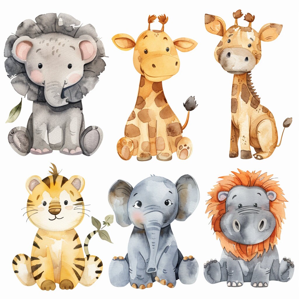 Safari Animals Clipart Watercolor, Clipart for commercial use, Transparent PNGs, Nursery Clipart, Giraffe, Elephant, Lion, Zebra, Hippo
