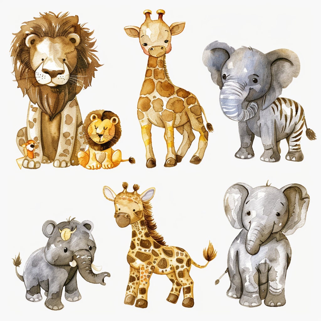 Safari Animals Clipart Watercolor, Clipart for commercial use, Transparent PNGs, Nursery Clipart, Giraffe, Elephant, Lion, Zebra, Hippo