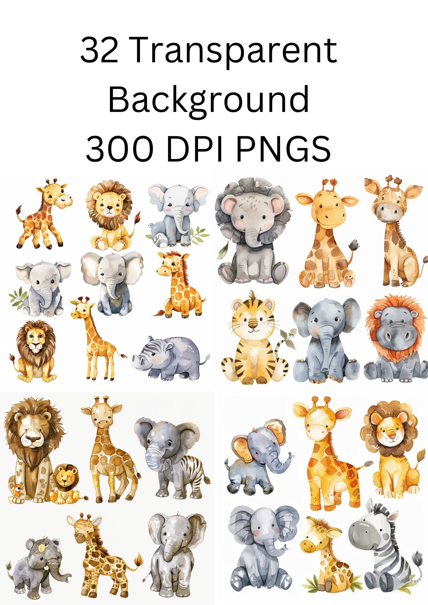 Safari Animals Clipart Watercolor, Clipart for commercial use, Transparent PNGs, Nursery Clipart, Giraffe, Elephant, Lion, Zebra, Hippo
