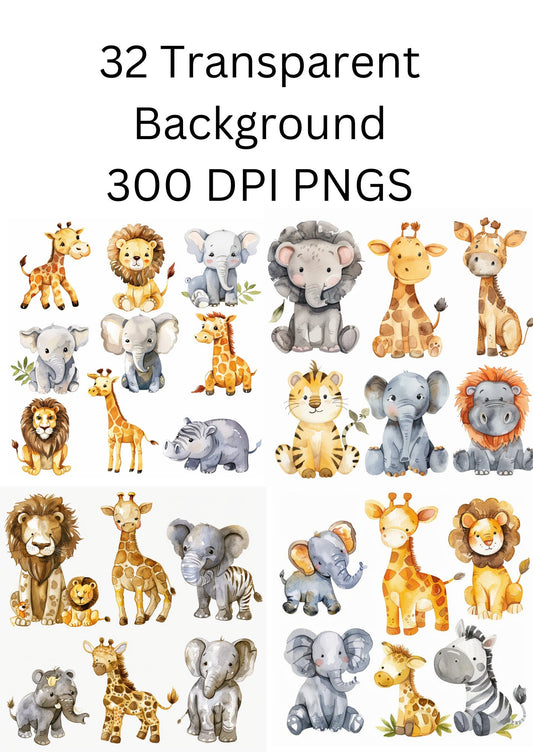 Safari Animals Clipart Watercolor, Clipart for commercial use, Transparent PNGs, Nursery Clipart, Giraffe, Elephant, Lion, Zebra, Hippo
