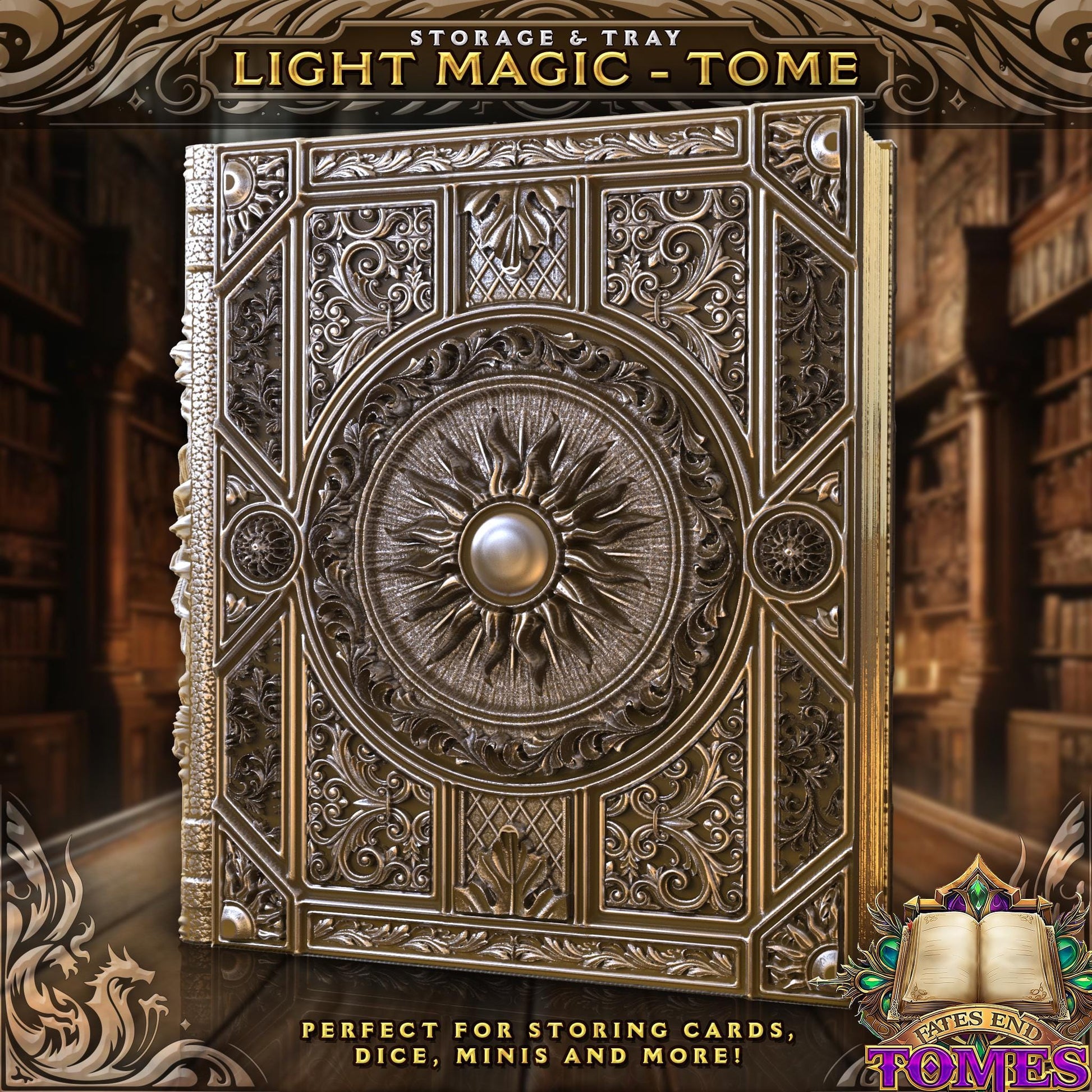 Light Magic Tome Tome Book Dice Vault and Rolling Tray | Magnetic Case | Dungeons and Dragons | DnD | D&D RPG Game | Dice Container